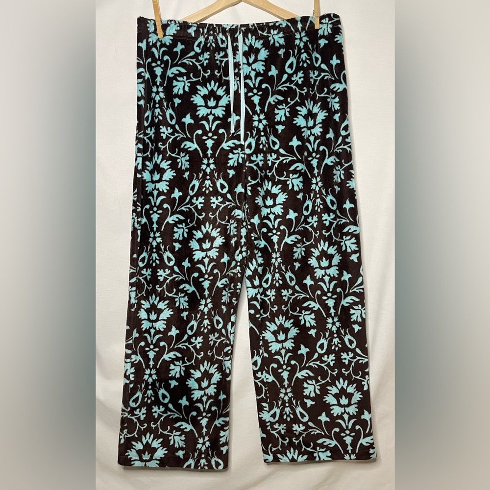 Willow Wear Floral Damask Brown and Turquoise Fleece Pajama Pants Size M